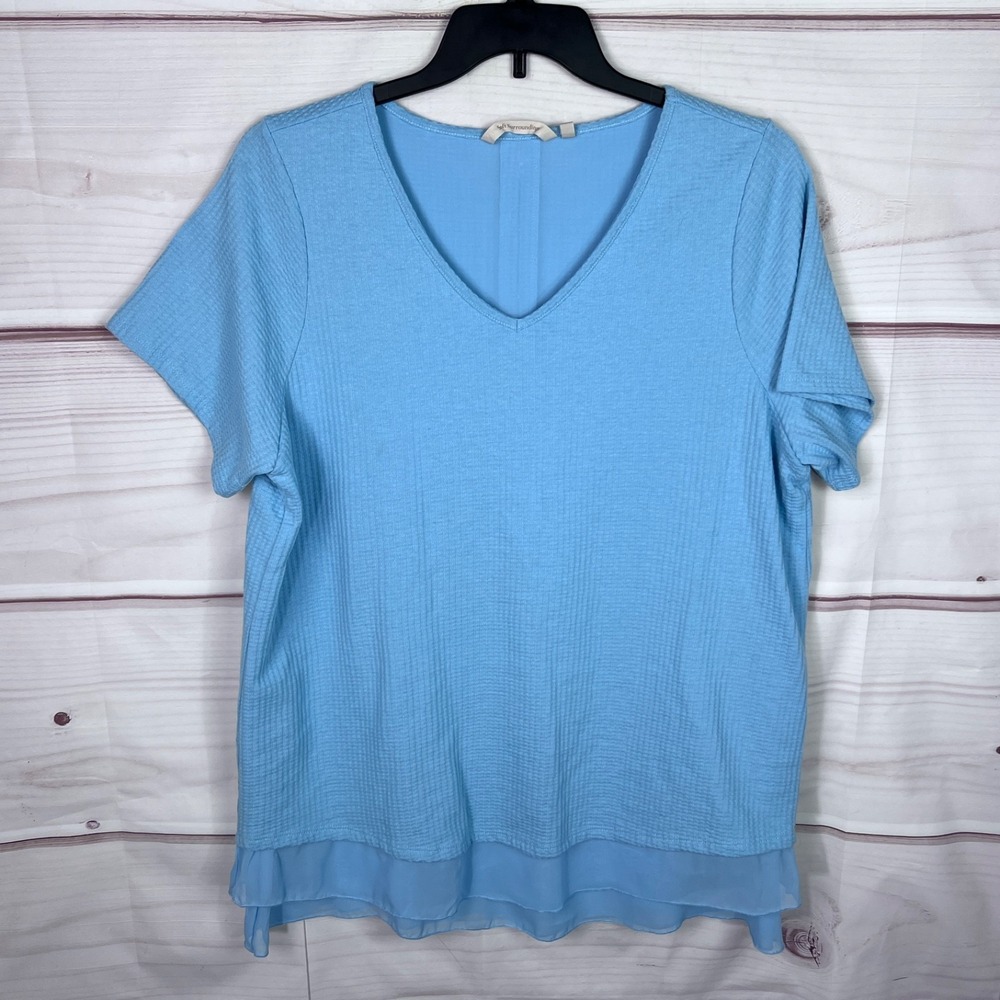 Soft Surroundings Top Womens 1X Blue Waffle Knit Tunic Short Sleeve Chiffon Hem